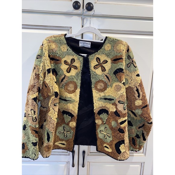 Silk Cocktail Jacket Life & Style Broquet Sequin Beaded Black Gold Olive Med - Picture 1 of 16